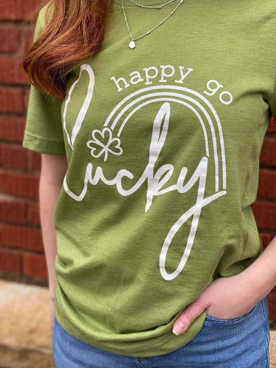 Green women’s “Happy Go Lucky” shirt with clover design for charm and positivity