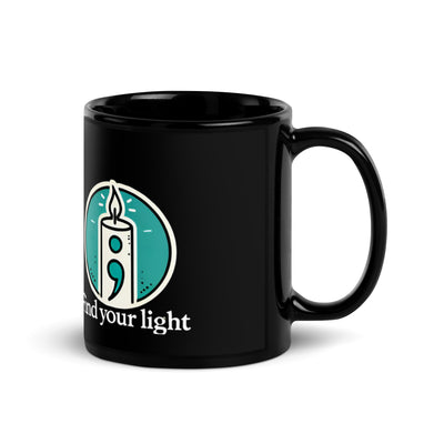 Find Your Light" mug with semicolon and candle design, symbolizing resilience and self-discovery.