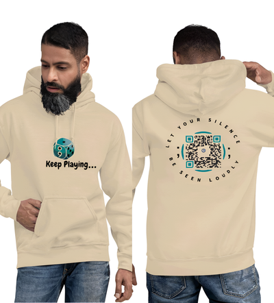 Teal Semicolon Dice "Keep Playing" QR Series Unisex Hoodie
QR Series Hoodie with motivational dice and semicolon design
Keep Playing logo hoodie with QR code for advocacy
Unisex teal hoodie featuring semicolon dice and "Keep Playing" phrase
QR Series Dice Hoodie promoting resilience and mental health awareness