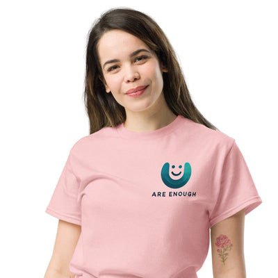 unisex teal you are enough logo tee  front view 