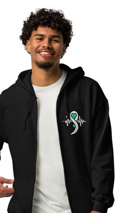 unisex semicolon teal heart beat logo front view hoodie